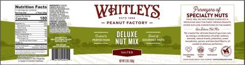 Whitley’s Peanut Factory Issues an Allergy Alert on Undeclared Peanuts, Milk, Soy, Wheat, and Sesame for Limited Units of Deluxe Nut Mix 12oz (340g)