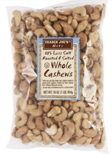 Image of front label, Trader Joe’s Nuts 50% Less Salt Roasted & Salted Whole Cashews Net Wt 16 oz. (1 LB)