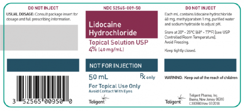 Lidocaine Hydrochloride Topical Solution USP 4% (40 mg/mL), 50 mL, NDC 52565-009-50”