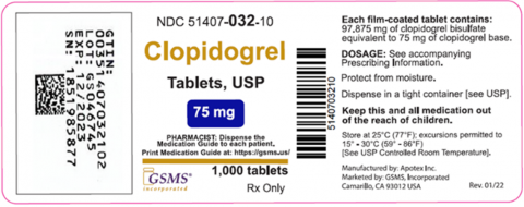 Product labeling, Clopidogrel Tablets, USP 75mg 1,000 count bottles, NDC 51407-032-10