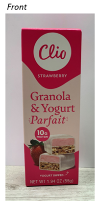 Strawberry Granola & Greek Yogurt Parfait Bar, front label, Net Wt. 1.94 oz