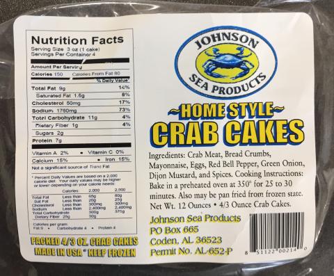 Johnson Sea Products Home Style Crab Cakes labeling