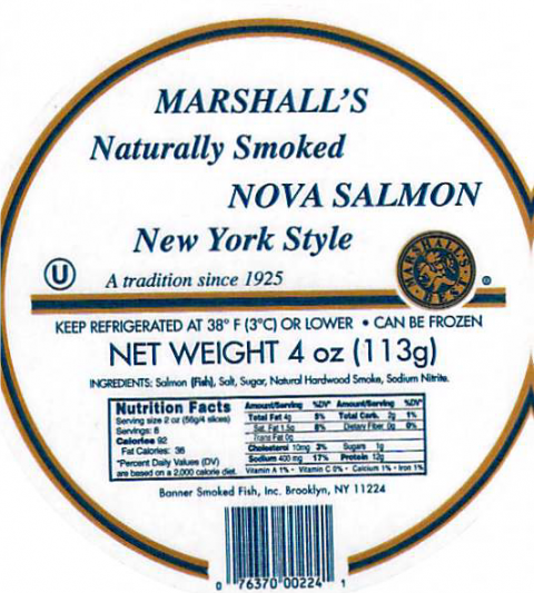 21.	Marshall’s Naturally Smoked Nova Salmon New York Style, 4 oz