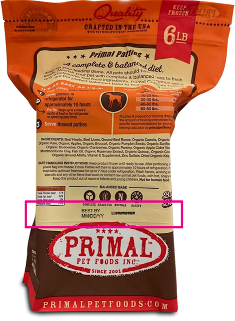 Package Back: PRIMAL PET FOODS INC., Ingredient Statement with Location of Best By Date