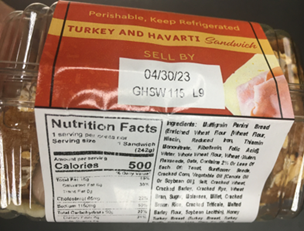 Sell by Date and Nutrition Panel, Turkey and Havarti Sandwich
