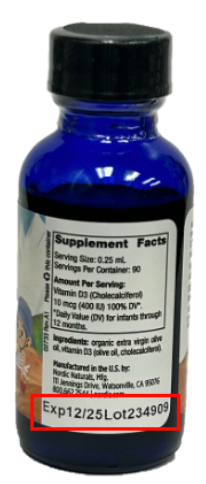 Nordic Nautrals Baby’s Vitamin D3 Liquid back panel bottle label, Exp 12/25 Lot 234909