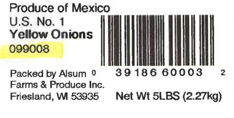 Alsum Farms & Produce Inc. Yellow Onions label Bar code and Lot code 5 LBS