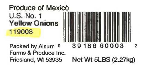 Alsum Farms & Produce Inc. Yellow Onions label Bar code and Lot code 5 LBS