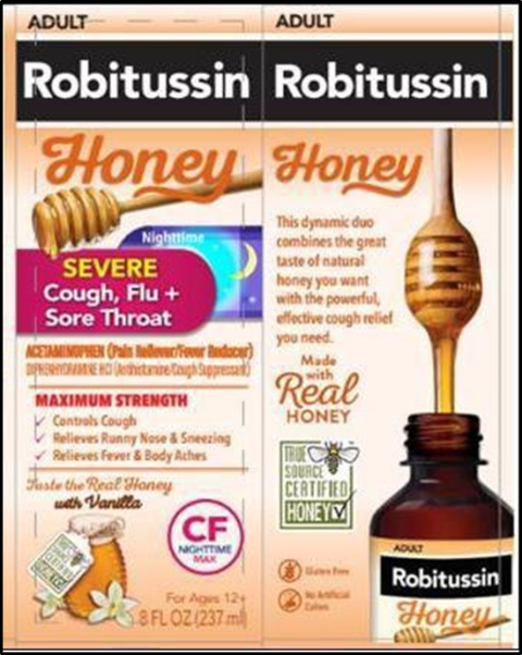 Robitussin Honey Severe Cough, Flu + Sore Throat Nighttime 8 Oz Label