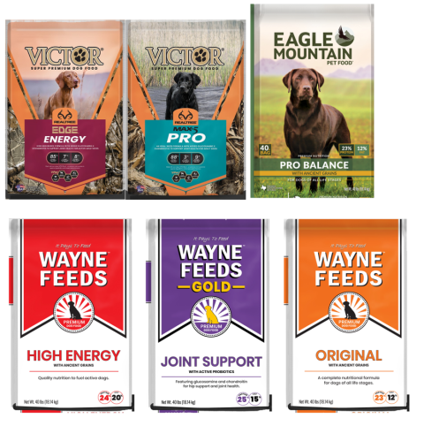 Representative labeling, Victor, Eagle Mountain, Wayne Feeds, Dog Food – 4