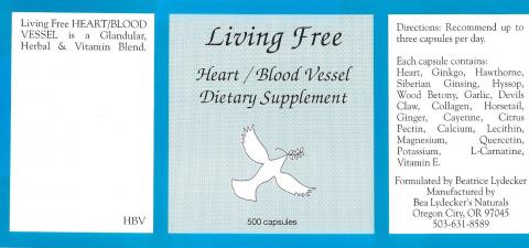Living Free Heart/Blood Vessel, 500 capsules per bottle. 