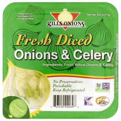 Image 5:”Front label, Gills Onions brand Fresh Diced Onions & Celery, 8 oz cups”