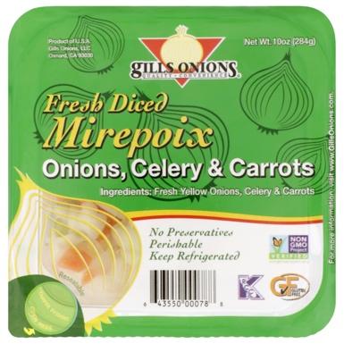 Image 7:”Front label, Gills Onions brand Fresh Diced Mirepoix Onions , Celery & Carrots, 10 oz cups”