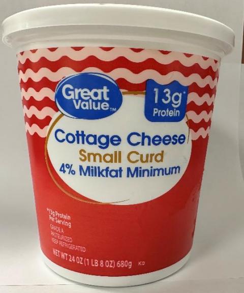 24 oz. container Great Value Small Curd Cottage Cheese – 4% milkfat minimum 