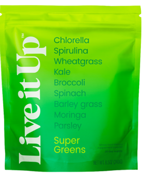 Front of package, Live it Up Super Greens 8.5oz pouch, NET WT 8.5oz