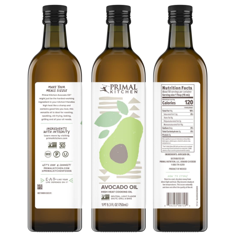 “Label Image of Primal Kitchen Avocado Oil 1 PT 9.3 FL OZ (750mL) UPC 8-55232-00719-4”