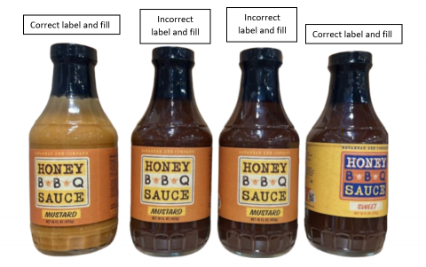 Photograph of correct and incorrect labels of Honey BBQ Sauce Mustard/Sweet in 16 oz bottles.