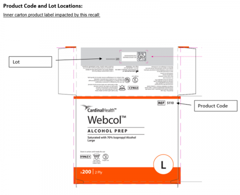 Label image of Webcol Large Alcohol Prep Pads Inner carton label showing location of lot and product code, x200, 2 Ply