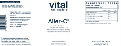 Image of complete label, Vital Nutrients Aller-C Dietary Supplement 200 Vegan Capsules, UPC 693465524213