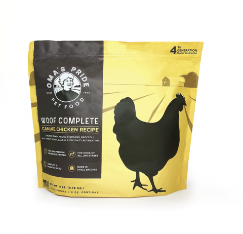 Front label panel for Oma’s Pride Pet Food Woof Complete Canine Chicken Recipe, 6 lb.