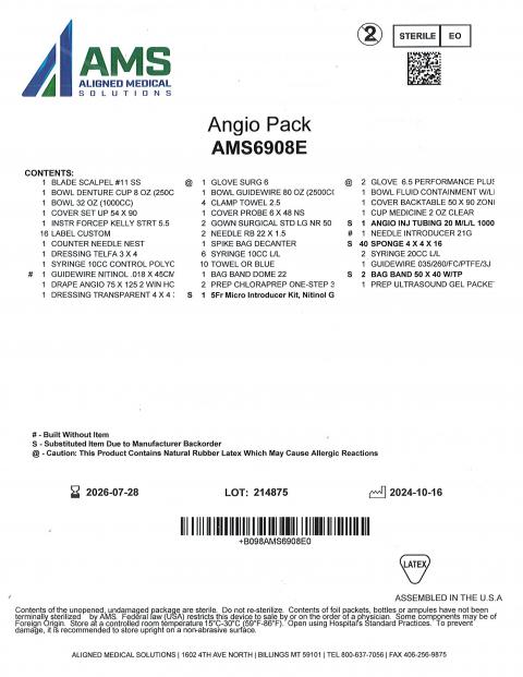 Image 1 (AMS6908E Label): Product label for Aligned Medical Solutions Angio Pack, model AMS6908E, Lot number 214875, DI number BO98AMS6908E0