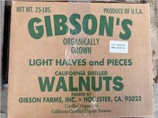 Gibson Farms Organic Light Halves and Pieces shelled walnuts, Bulk Boxes, Net Wt. 25 lbs