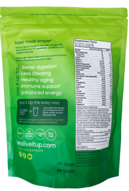 Back of package, Live it Up Super Greens 8.5oz pouch; Exp 05/2027