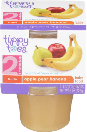 Product front label for Tippy Toes Apple Pear Banana, 2-pack tub