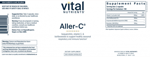 Image of complete label, Vital Nutrients Aller-C Dietary Supplement 200 Vegan Capsules, UPC 693465000090