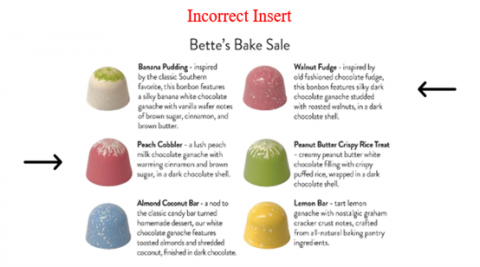 Incorrect image of insert (tasting notes) showing incorrect identification of Walnut Fudge and Peach Cobbler bonbons