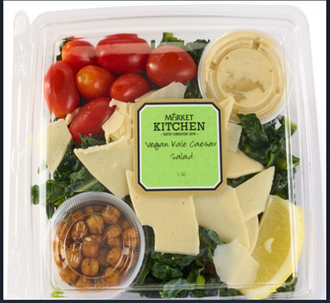 Image of clear plastic container, with main label, Market of Choice Vegan Kale Caesar Salad