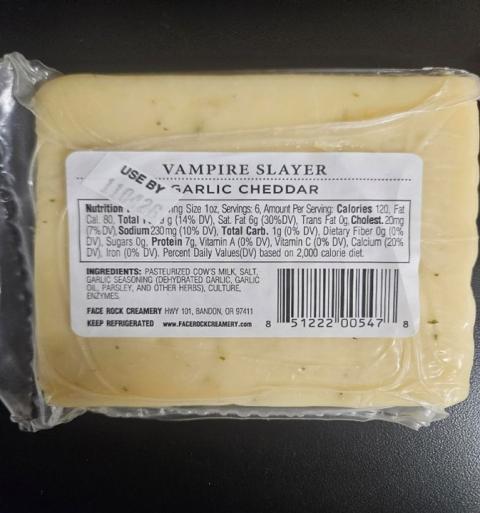 Back package of Face Rock Vampire Slayer Garlic Cheddar