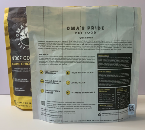 Front label panel for Oma’s Pride Pet Food Woof Complete Canine Chicken Recipe, 6 lb.