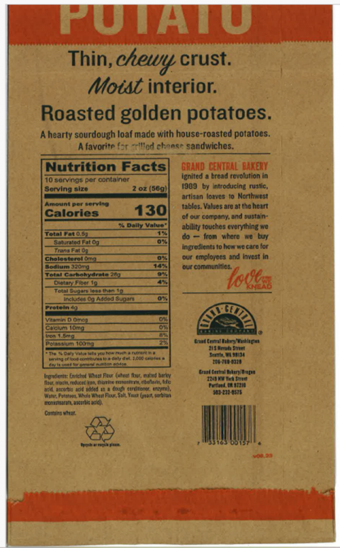 Grand Central Bakery Potato Sourdough Back Labeling