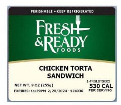 Front label, Fresh and Ready Foods Chicken Torta Sandwich