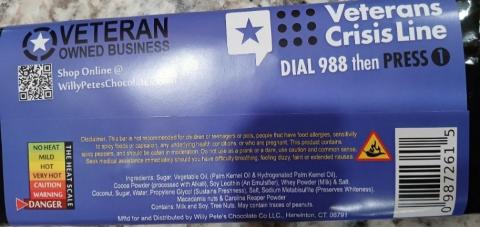 Back label of Willy Pete’s Almond Despair bar showing ingredient statement