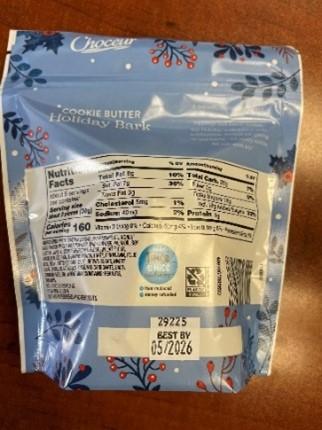 Back label of Choceur Cookie Butter Holiday Bark 5-oz bag
