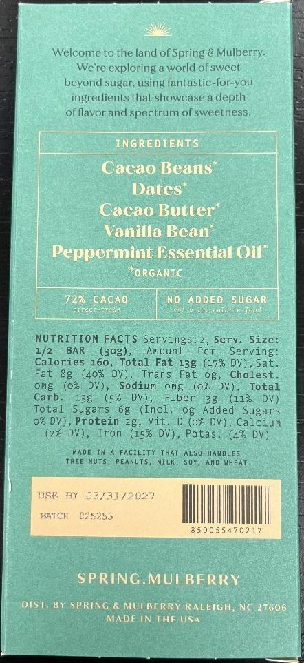 Back label with Nutrition Facts and lot code 025255 on Spring & Mulberry bar