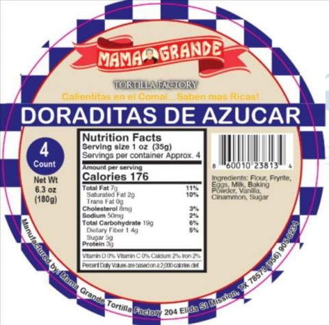 Label image of Mama Grande Tortilla Factory Doraditas de Azucar, 4 count, Net Wt 6.3 oz, UPC 5901234123457