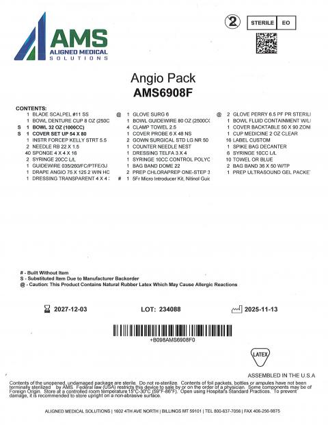 Image 2 (AMS6908F Label): Product label for Aligned Medical Solutions Angio Pack, model AMS6908F, Lot number 234088, DI number BO98AMS6908F0