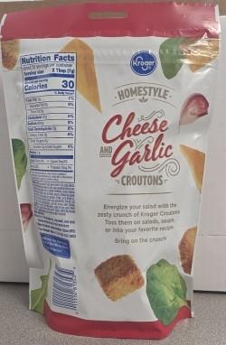 Back label panel for Kroger Homestyle Cheese and Garlic Croutons, 5 oz.