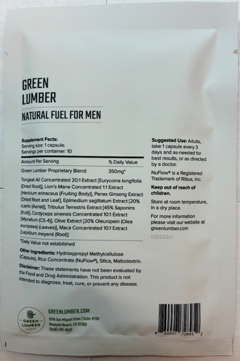Back Panel for Green Lumber Natural Fuel For Men, 10 capsules