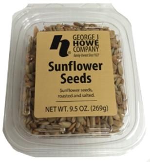 Plastic Tub, 9.5 oz, Gold Label with Sunflower Seeds brand name, “Sunflower Seeds, roasted and salted.”, UPC of 073171027015