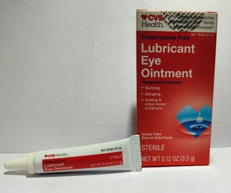 “Photograph of CVS Health Lubricant Eye Ointment carton and tube, 0.12 oz.”