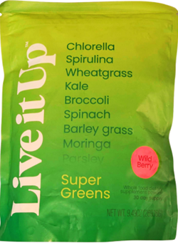 Front of package, Live it Up Super Greens 9.49 oz pouch Wild Berry, NET WT 9.49oz