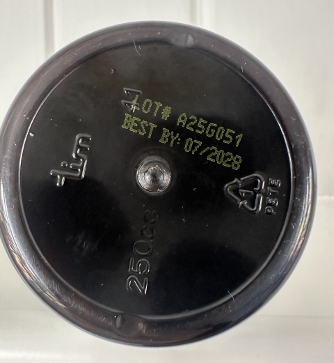 Underneath of bottle, lot # A25G, Exp 07/2028