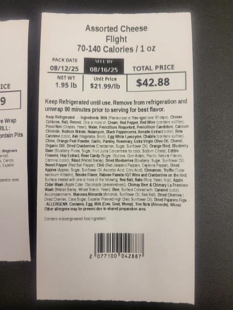 Wegmans Assorted cheese flight label