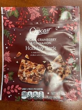 Front label of Choceur Pecan Cranberry & Cinnamon Holiday Bark 5-oz bag