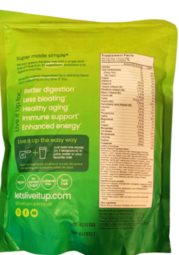 Back of package, Live it Up Super Greens 9.49 oz pouch Wild Berry, Exp 05/2027