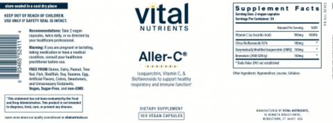 Image of complete label, Vital Nutrients Aller-C Dietary Supplement 100 Vegan Capsules, UPC 693465524114